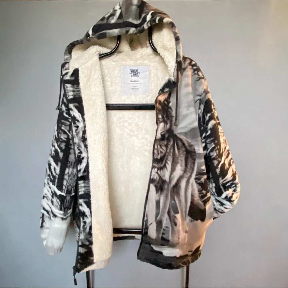 WILDKIND Wolf Graphic Print Gray Hoodie Fleece Sherpa Lined Full Zip Men’s Sz M